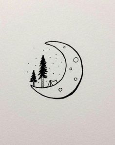 a drawing of a crescent moon with trees on the side and a tent in the distance