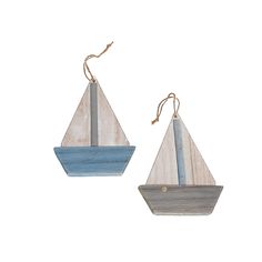 two wooden sailboats hanging from strings on a white background, one is blue and the other is grey