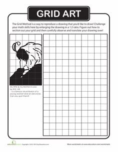 the grid art worksheet is shown in black and white, with an image of a