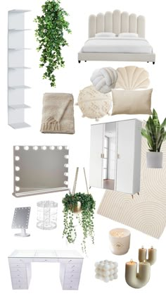 a collage of white furniture, plants and other items in the shape of shelves