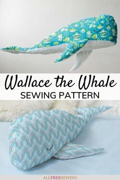 a whale pillow hanging from the ceiling with text overlay that reads, wallace the whale sewing pattern