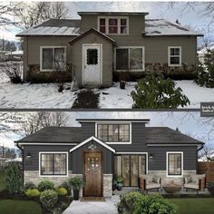 before and after pictures of a house in the snow