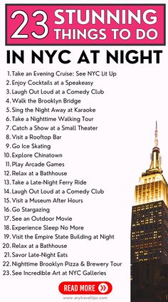 an advertisement for the 23 stunning things to do in nyc at night, including skyscrapers