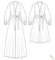 the front and back view of a long dress with an open collar, pleaed sleeves and