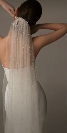 the back of a woman's wedding dress with beaded veil on her head