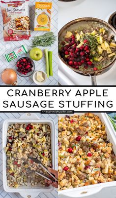 cranberry apple sausage stuffing in a casserole dish