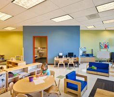 a child is sitting at a table in the middle of a room filled with children's furniture