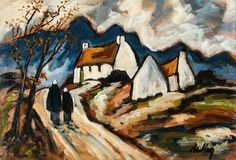 a painting of two people walking down a dirt road with houses in the distance and trees on either side