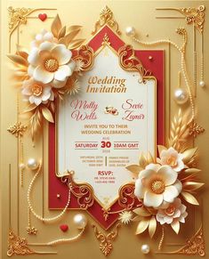 an elegant wedding card with flowers and pearls on the front, in gold and red