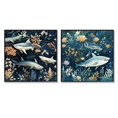 two paintings of sharks in the ocean with plants and flowers