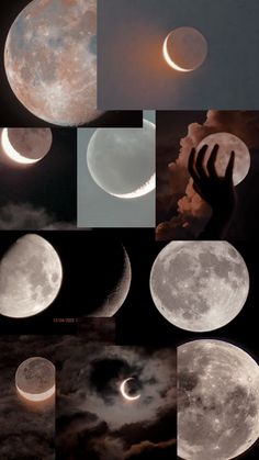 the moon is shown with different phases in it's shadow, and there are many other