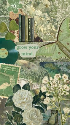 a collage of flowers, books and butterflies with words grow your mind on them