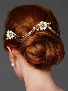 "Exquisite & Unique! Set off your wedding style with a touch of soft floral elegance! Three hand-enameled bridal hair combs (2\" h x 1 3/4\" w each) are draped with 3 rows of Genuine Preciosa crystal swags 14 3/4\" across. This bridal headpiece is a soft floral, but makes a huge statement! Inquire for availability - subject to availability - non returnable - Shipping/handling time could be 10 days to 2 weeks for delivery, depending verification of availability. Expedited shipping is available bu Bridal Hair Headpiece, Floral Comb, Bridal Comb, Bridal Updo, Trending Hairstyles, Head Piece, Bridal Hair Comb, Wedding Headpiece, Bridal Headpieces