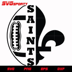 the saints logo is shown in black and white, with red letters that read svg sports