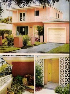 two pictures of a pink house with white trim