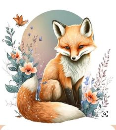 a painting of a fox with flowers and butterflies around it's neck, sitting on the ground