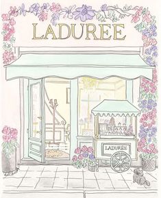 a drawing of a store front with flowers on the outside