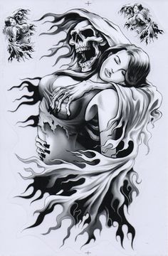 a drawing of a woman hugging a man with fire and skulls on it's back