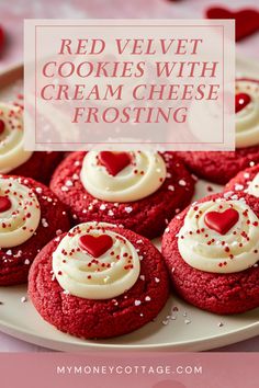 red velvet cookies with cream cheese frosting are on a white plate and the words, red velvet cookies with cream cheese frosting