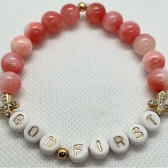 Quick and Easy Bead Bracelet Ideas for Beginners God Beaded Bracelets, Word Stretch Bracelets, Cute Bracelets With Words, Pink Handmade Bracelet, Beaded Bracelets Charms, Words On Bracelets Ideas, Cute Christian Bracelets, Christian Clay Bracelet Ideas