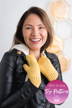 a woman in black jacket and yellow mittens smiling at the camera with text best of 2019 top pattern