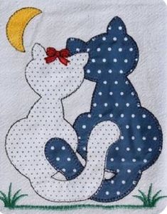 two bears hugging each other with the moon in the sky behind them on a white towel