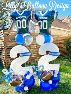 two football balloons are in the shape of numbers