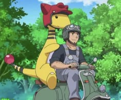 a man riding on the back of a scooter next to a yellow dinosaur