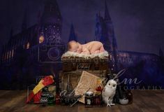 a baby is sleeping in a trunk with harry potter's hogwarts castle backdrop