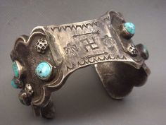 RARE Antique 1910's LARGE Navajo COIN SILVER INGOT & Turquoise WHIRLING LOG Cuff Turquoise Stone Jewelry, Silver Ingot, Mexican Jewelry, American Turquoise