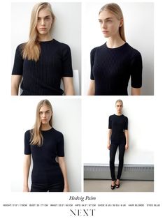 four photos of a woman in black clothing with long blonde hair, standing against a white wall and looking at the camera