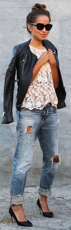 Lace Edgy Jacket, Boyfriend Jeans Style, Sincerely Jules, White Lace Top, Classic Jeans, Street Style Chic, Leather Moto, Inspired Outfits