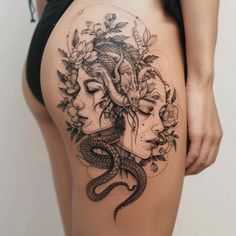 Radiant Sister Tattoos Tattoo Art Set Person Covered In Tattoos, Female Hip Tattoos, Girl Thigh Tattoos, Medieval Drawings, Sibling Tattoos, Hip Tattoos Women, Medusa Tattoo, Leg Sleeve Tattoo