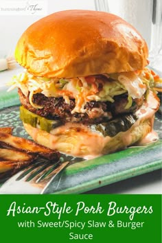 Ground Pork Burgers Recipes, Asian Burger Recipe, Asian Burger, Hawaii Bbq, Thai Burger, Spicy Slaw, Slaw Dressing, Ginger Pork