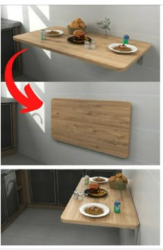 there are two pictures of a table with food on it, and the same one has an arrow pointing up