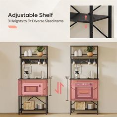 two shelving units with different types of appliances on them, one pink and the other black