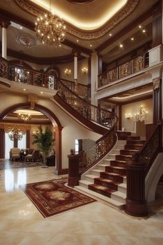 a large foyer with stairs and chandelier