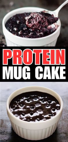 this is an image of a chocolate cake in a bowl with the words protein mug cake on it