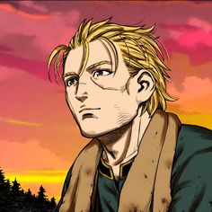 a drawing of a man with blonde hair wearing a scarf in front of a sunset