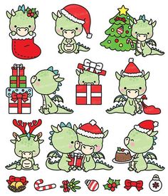 christmas clipart set with green monsters and presents on white background, includes an image of a