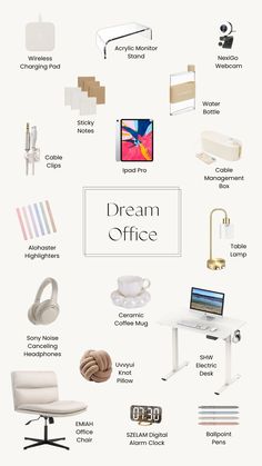 a poster with different types of furniture and accessories on it's side, including a desk