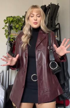 Red Leather Blazer Outfit Aesthetic, Collared Leather Jacket Outfit, Plaid Corset Outfit, Danier Leather Jacket Outfit, Maroon And Pink Aesthetic, Dark Red Jacket Outfit, Author Aesthetic Outfits, Maroon Jacket Outfit, Venus In Aries Style