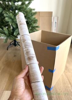 a person holding up a cardboard tube in front of a christmas tree