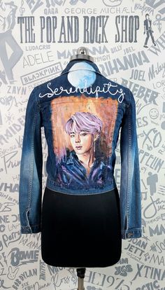 Customized denim jacket with Jimin's portrait handpainted at the back provided by a client, customization available for your choice of handpainted portraits on denim Jackets Jimin Denim Jacket, Jimin Jacket, Denim Jacket Customized, Customized Denim, Jacket Customized, Customised Denim Jacket, Hand Painted Denim Jacket, Painted Denim Jacket, Painted Denim