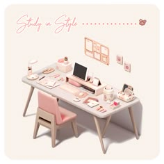 a computer desk with pink chairs and pictures on the wall behind it that says stay in style