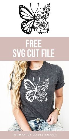 a woman wearing a t - shirt with the words free svg cut file on it