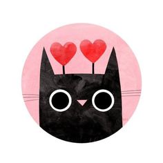 a black cat with hearts on it's head in front of a pink circle