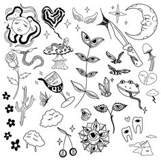 an image of various cartoon faces and flowers in black and white ink on a sheet of paper