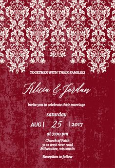 a red and white wedding card with an ornate lace design on the front, in black ink