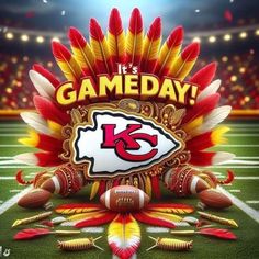 an image of a game day poster with a football and feathers on the field in front of a stadium